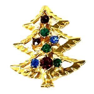Vintage Christmas Tree Brooch Gold Tone Multicolor Rhinestone Holiday Pin